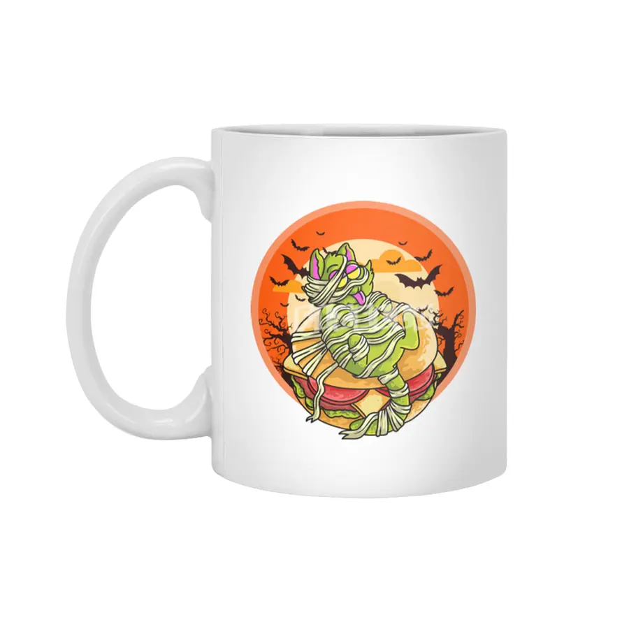 Cute Spooky Halloween Mummy Cat with Burger Beyaz Kupa
