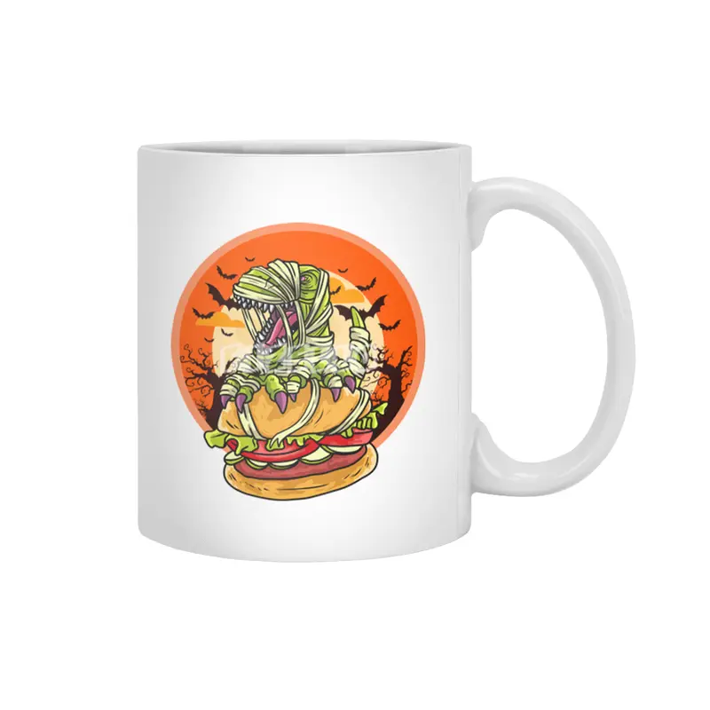Cute Spooky Halloween Mummy T-Rex with Burger Beyaz Kupa