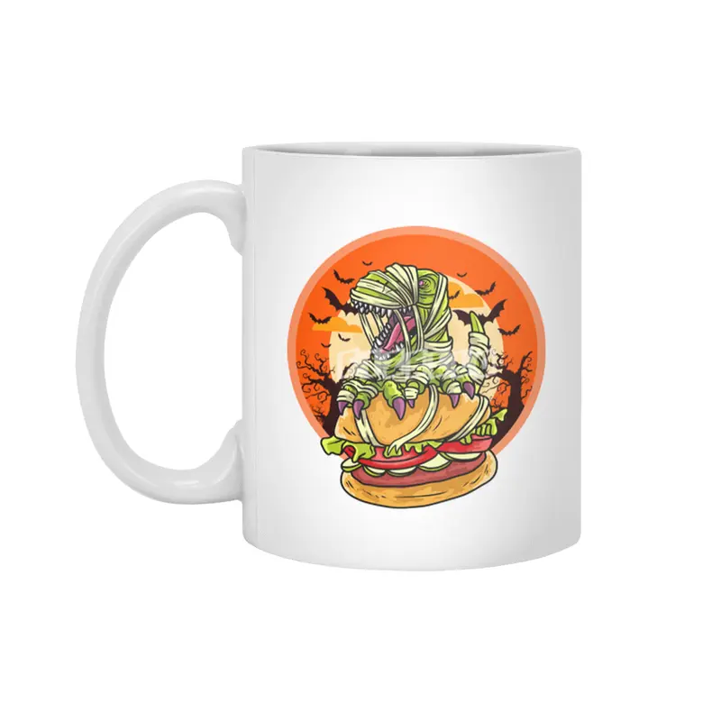 Cute Spooky Halloween Mummy T-Rex with Burger Beyaz Kupa