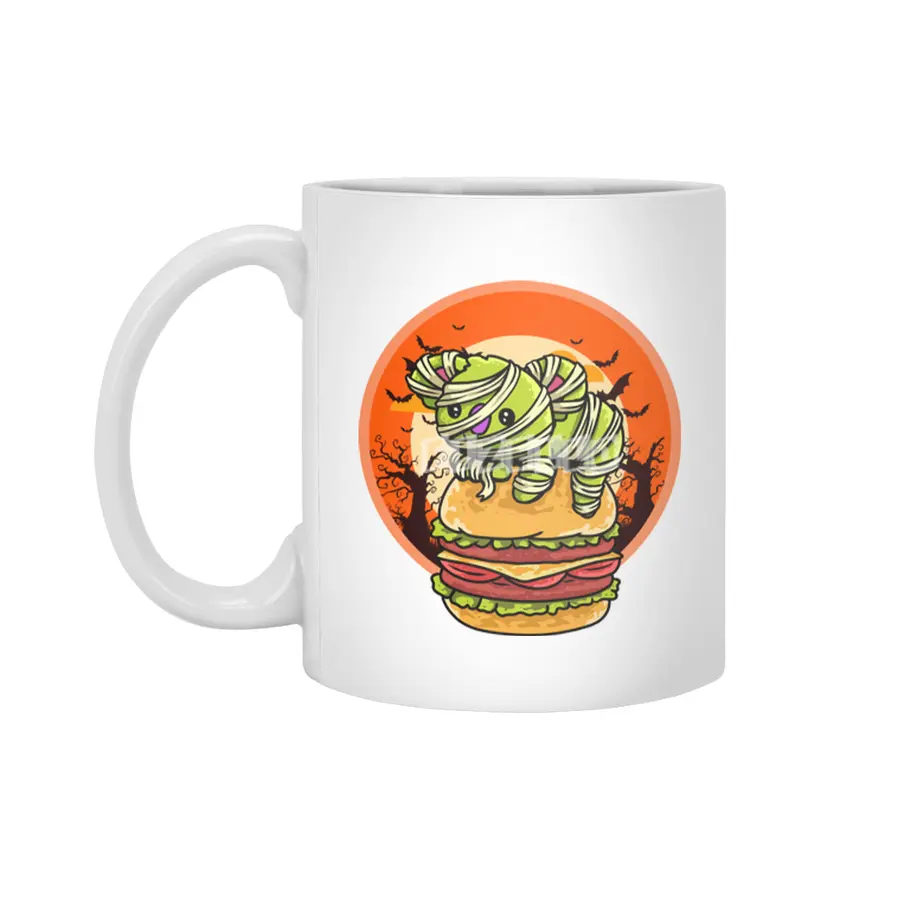 Cute Spooky Halloween Mummy T-Rex with Burger Beyaz Kupa