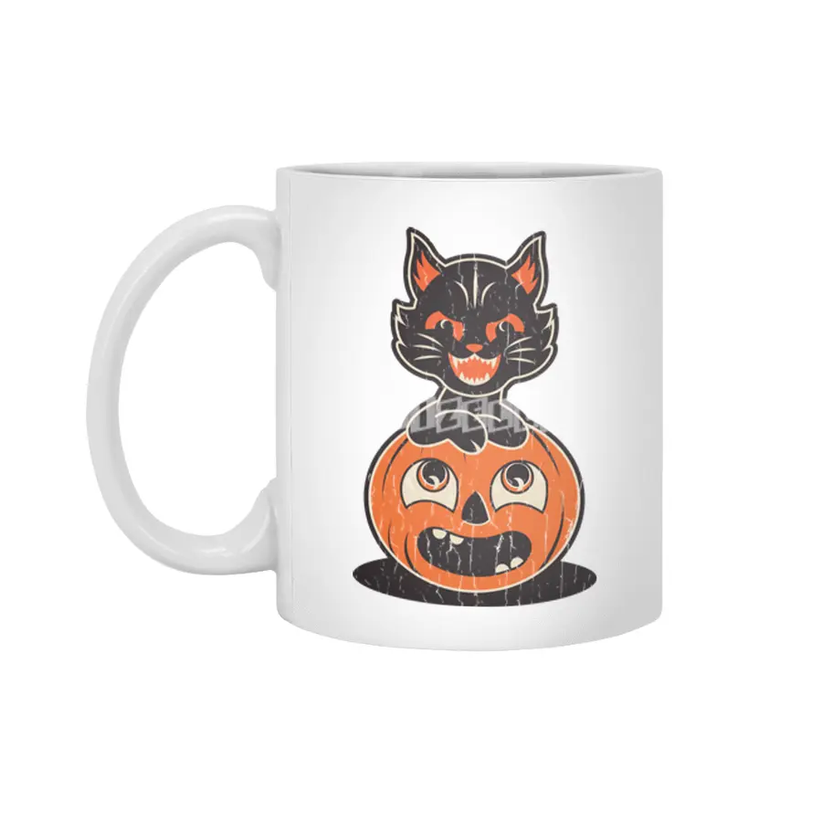 Retro Halloween Cat and Pumpkin Beyaz Kupa