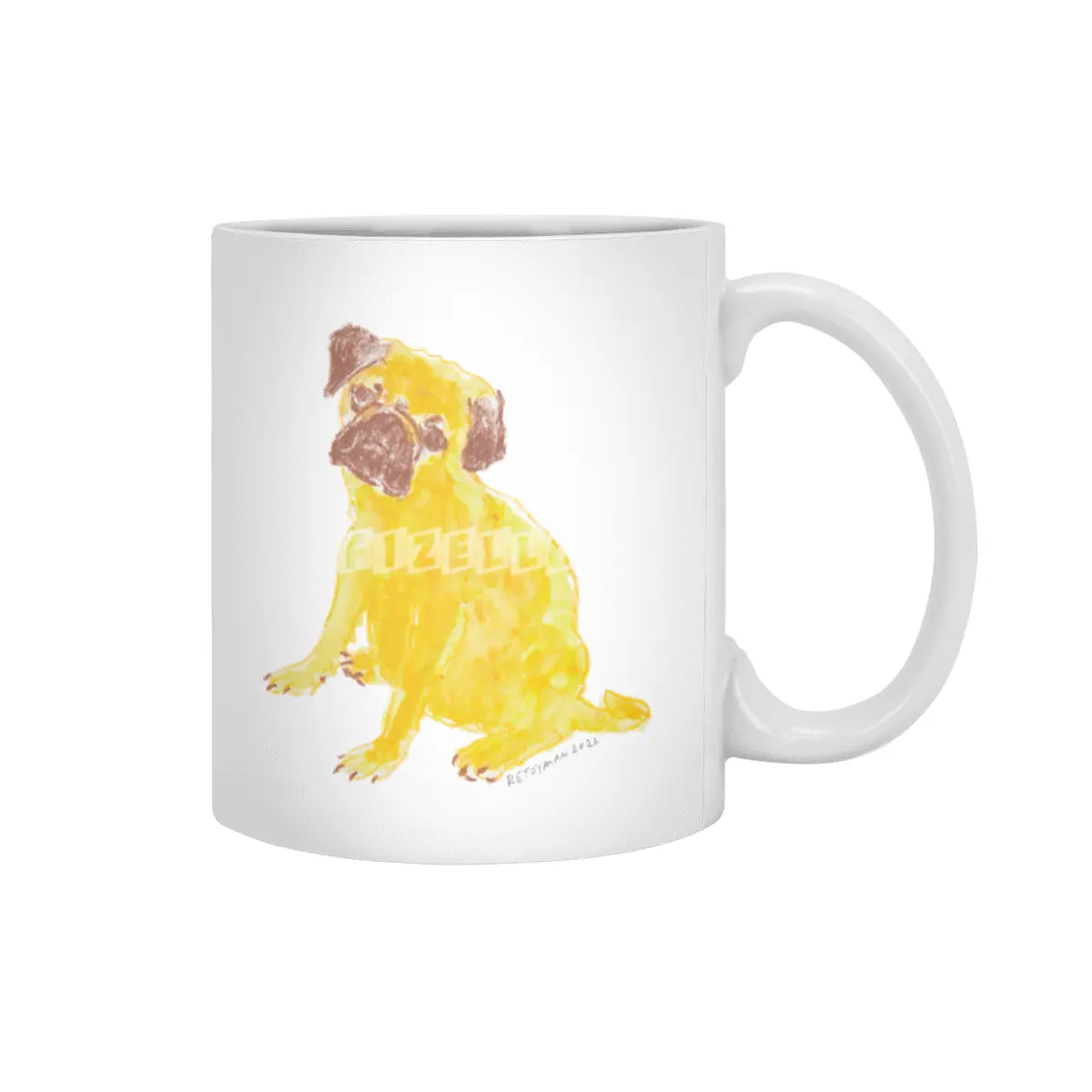 Cute artistic colorful drawing of Puppy Pug in Yellow and Brown Beyaz Kupa
