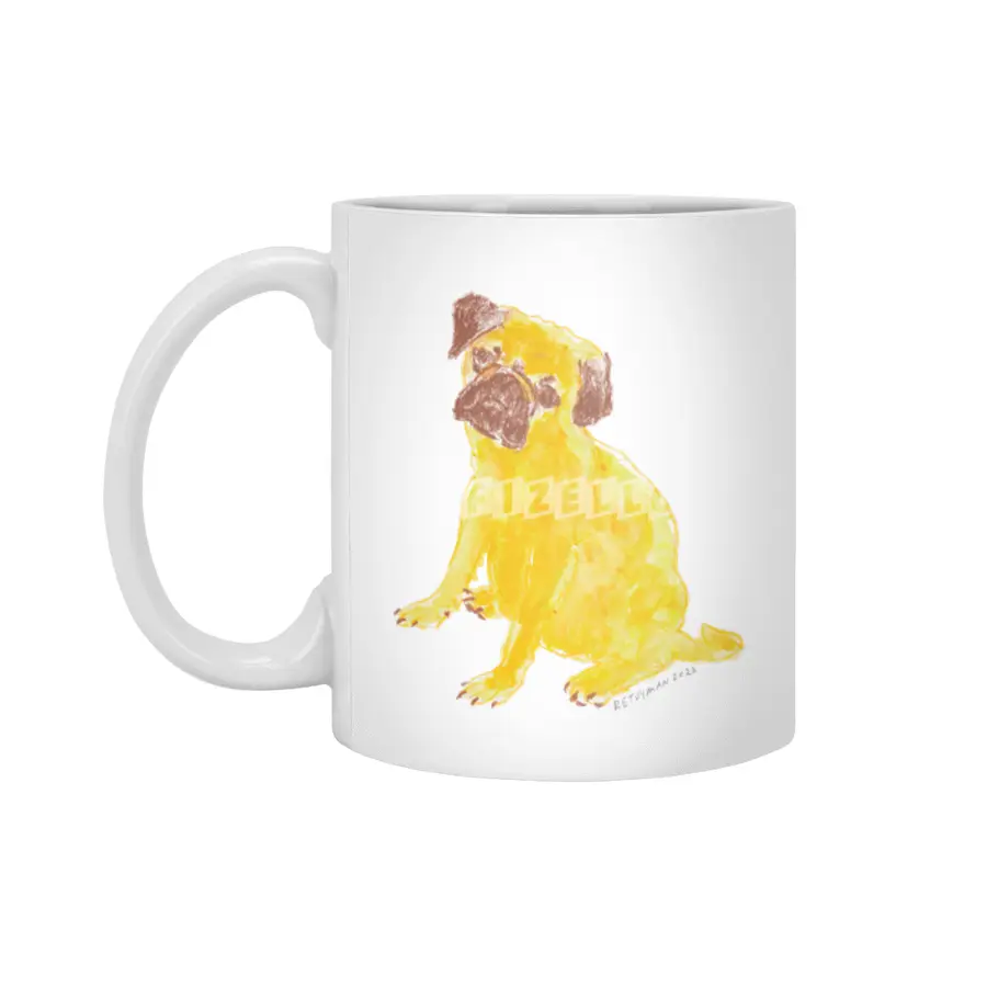 Cute artistic colorful drawing of Puppy Pug in Yellow and Brown Beyaz Kupa