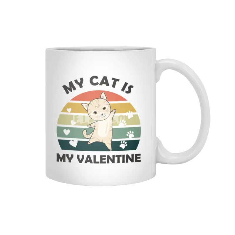 My Cat Is My Valentine Beige Cat Heart Vintage Beyaz Kupa