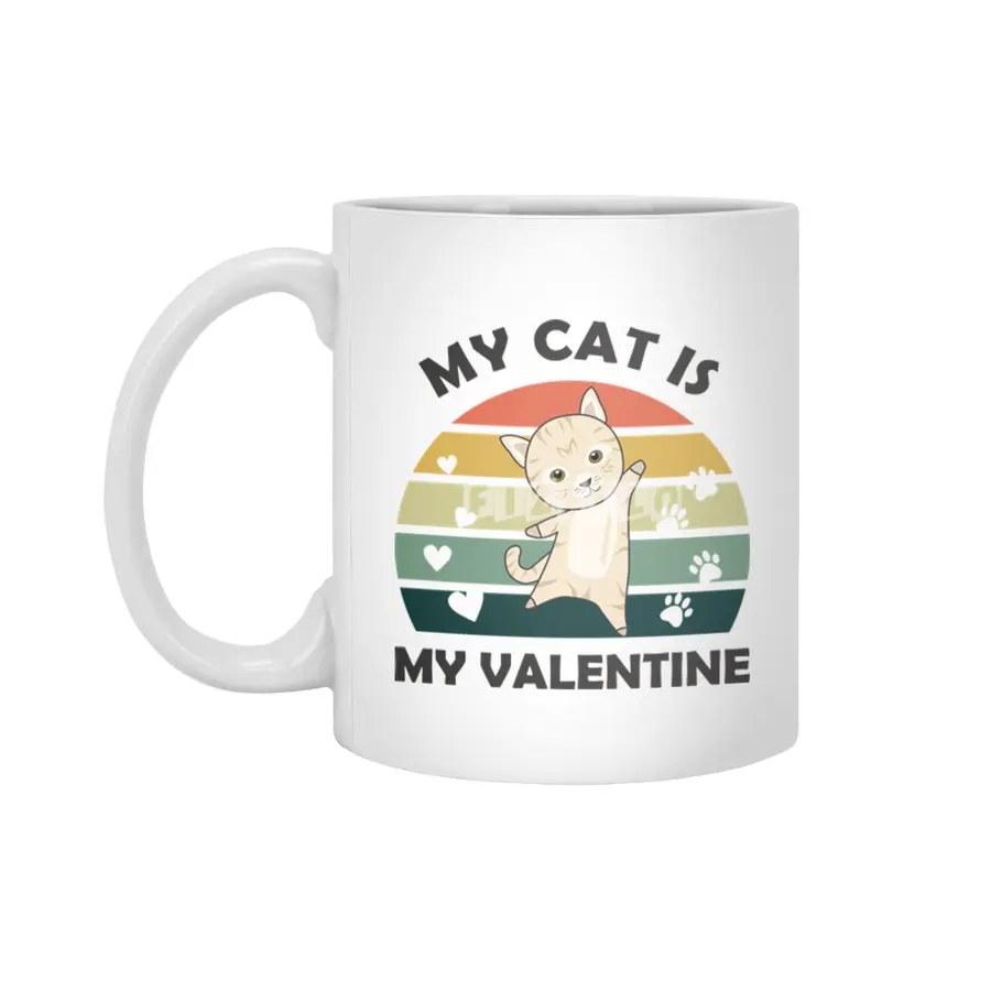 My Cat Is My Valentine Beige Cat Heart Vintage Beyaz Kupa