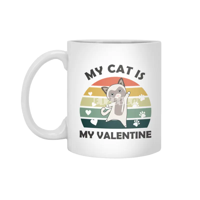 My Cat Is My Valentine Beige Cat Heart Vintage Beyaz Kupa