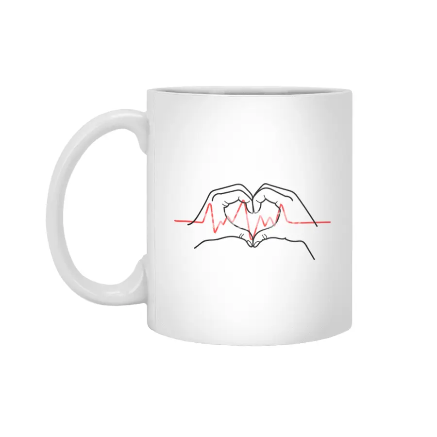 Heartbeat Design: Two Hands Forming a Heart with Fingers Beyaz Kupa