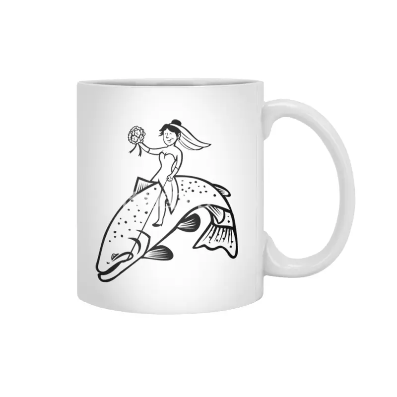 Bride Female Fisherman with Flower Bouquet Riding a Steelhead Trout Cartoon Black and White Beyaz Kupa