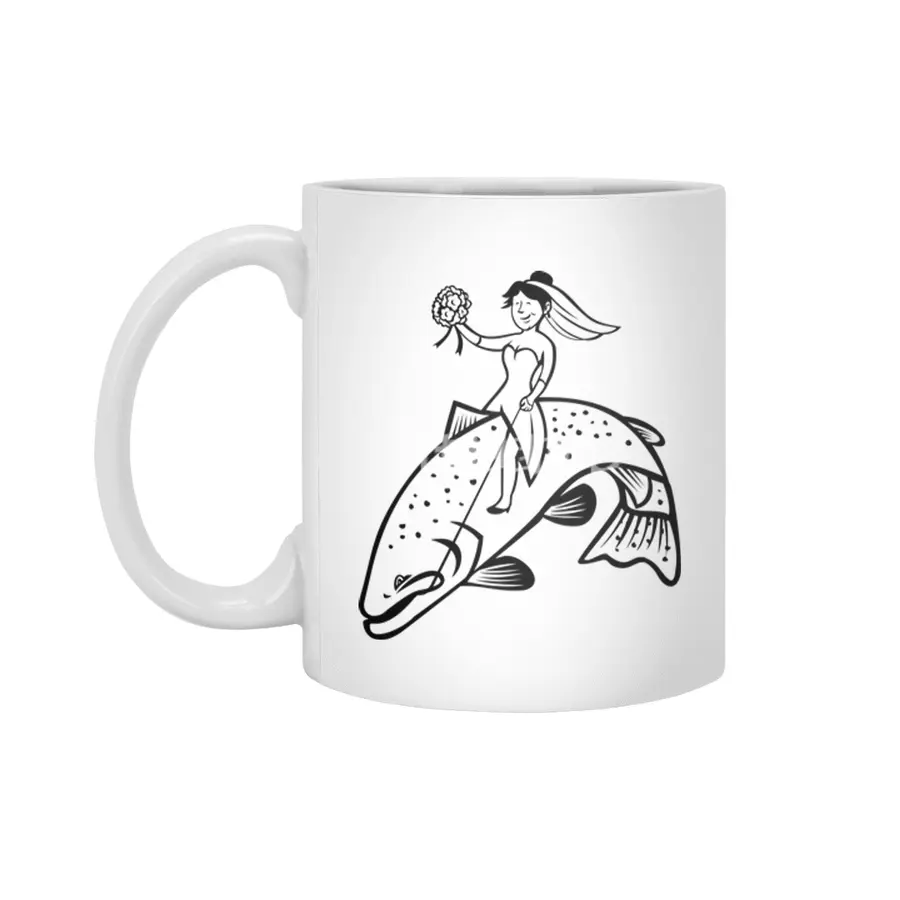 Bride Female Fisherman with Flower Bouquet Riding a Steelhead Trout Cartoon Black and White Beyaz Kupa