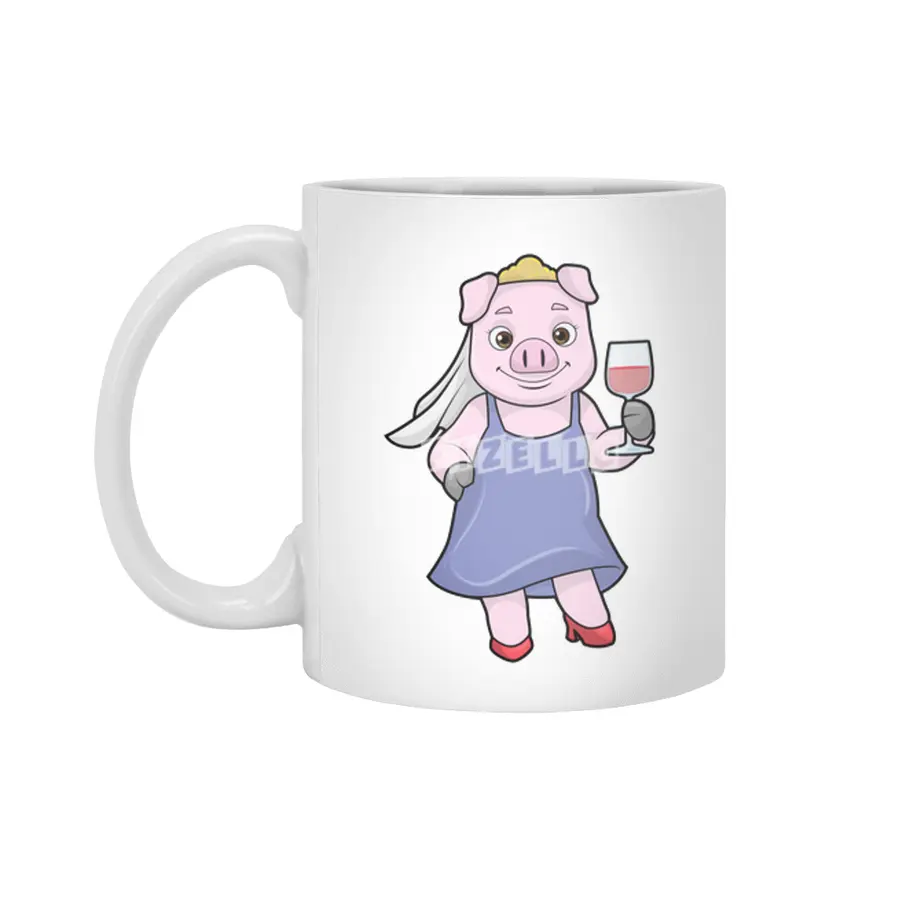 Pig as Bride with Veil & Red wine Beyaz Kupa