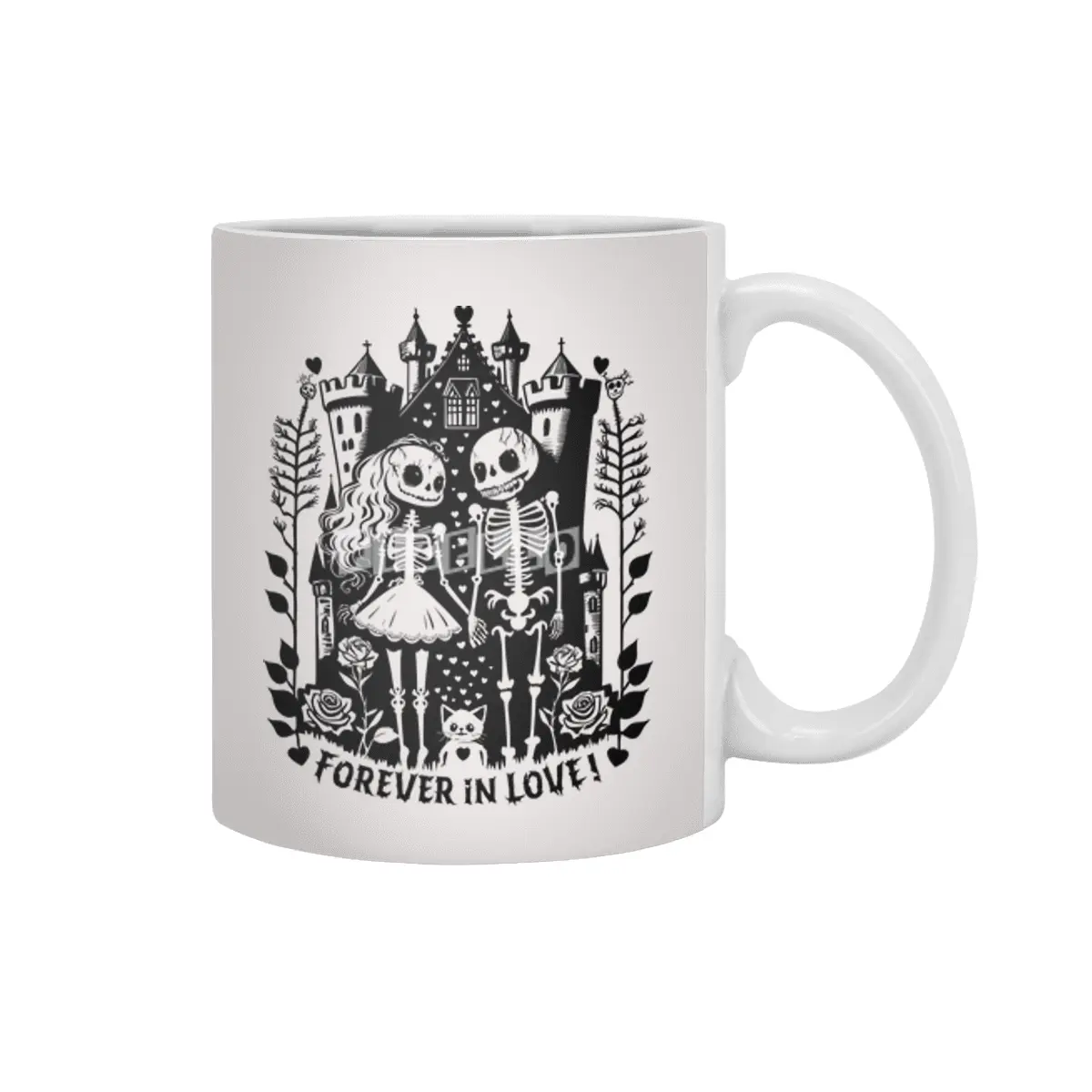 Forever in Love - creepy Bride and groom Skeleton in front of a Castle, Roses, cute Cat and Hearts Beyaz Kupa