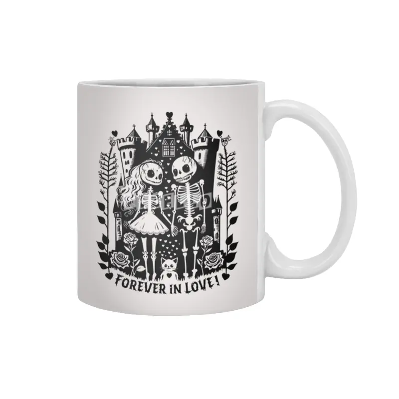 Forever in Love - creepy Bride and groom Skeleton in front of a Castle, Roses, cute Cat and Hearts Beyaz Kupa