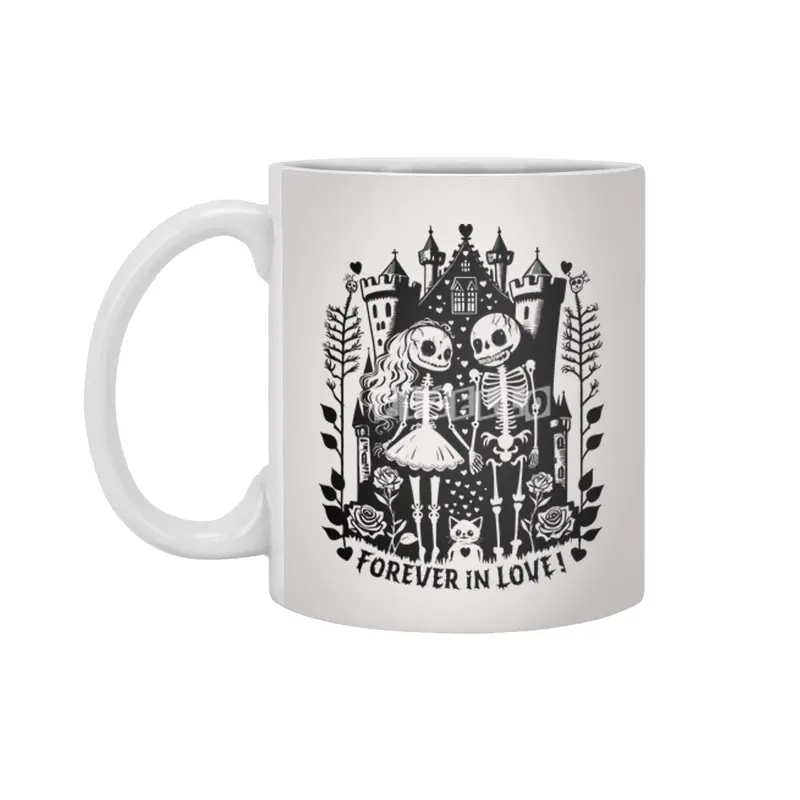 Forever in Love - creepy Bride and groom Skeleton in front of a Castle, Roses, cute Cat and Hearts Beyaz Kupa