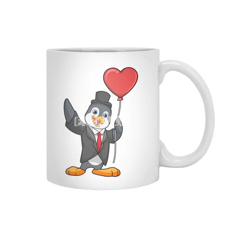 Penguin as Groom with Heart Ballon Beyaz Kupa