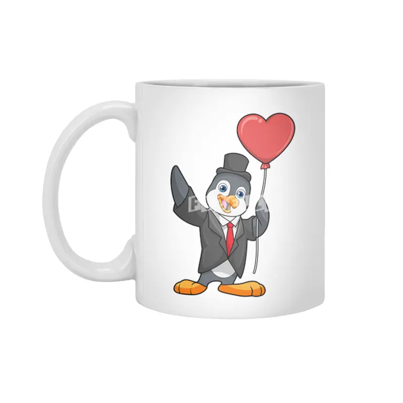 Penguin as Groom with Heart Ballon Beyaz Kupa