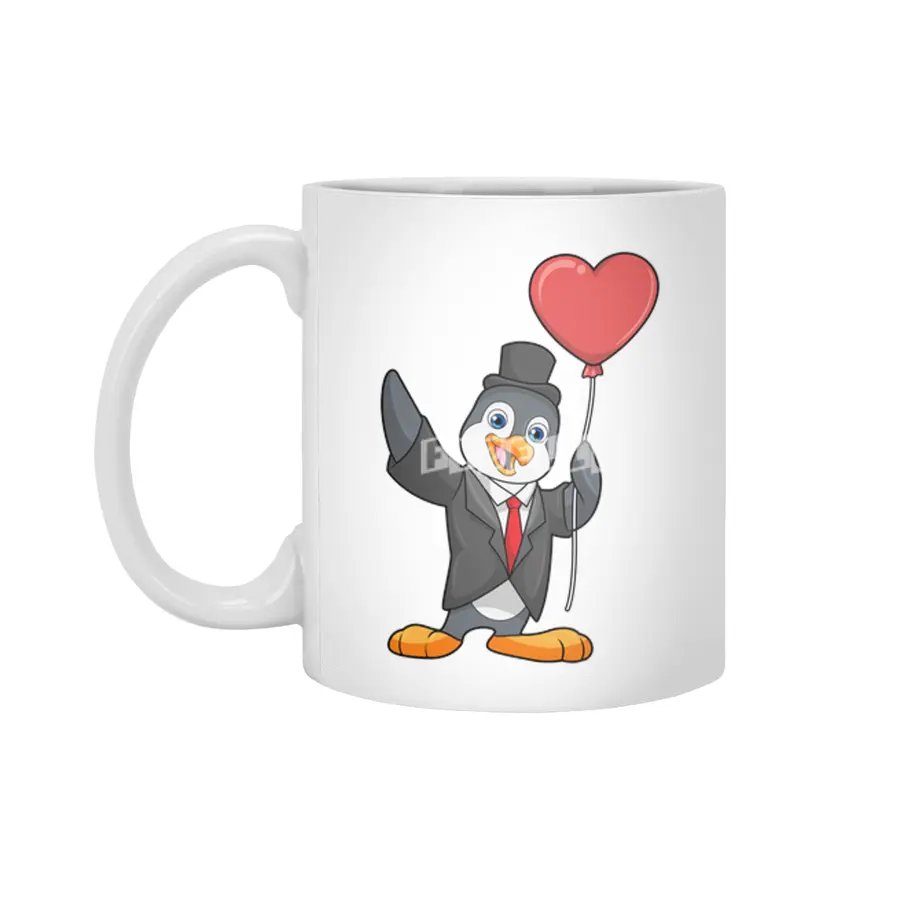 Penguin as Groom with Heart Ballon Beyaz Kupa