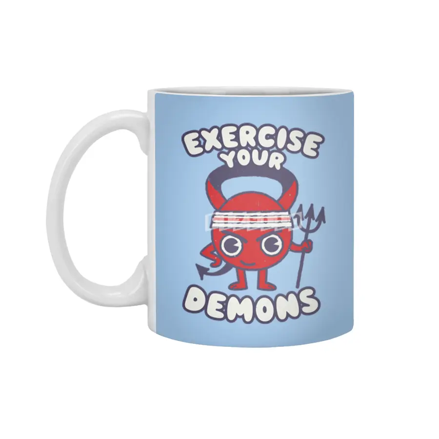 Exercise Your Demon - Humorous Cartoon Gym Funny Workout Graphic Beyaz Kupa