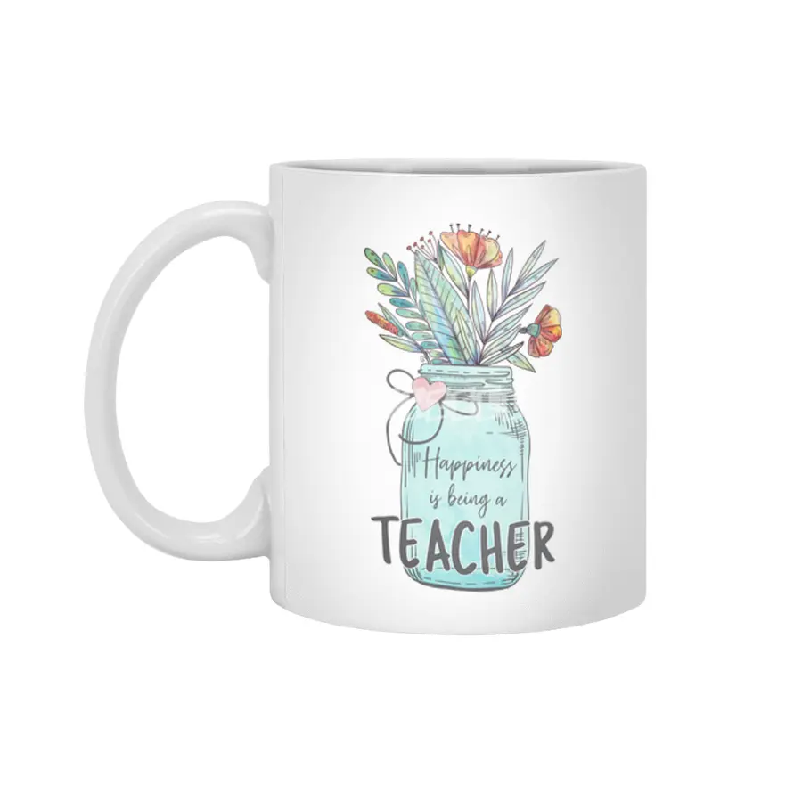 Happiness is being a Teacher - Mason Jar Flowers Beyaz Kupa