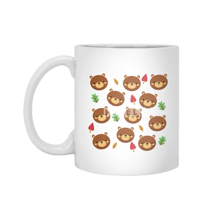 Bear Bears Pattern Leaves Cute Animals Forest Beyaz Kupa