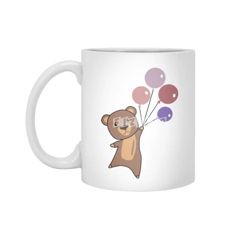 Bear Flies Up With Balloons Cute Animals Beyaz Kupa