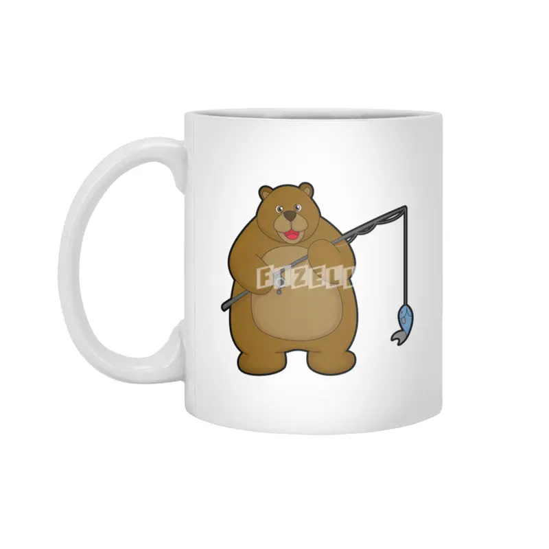 Bear at Fishing with Fishing rod & Fish Beyaz Kupa