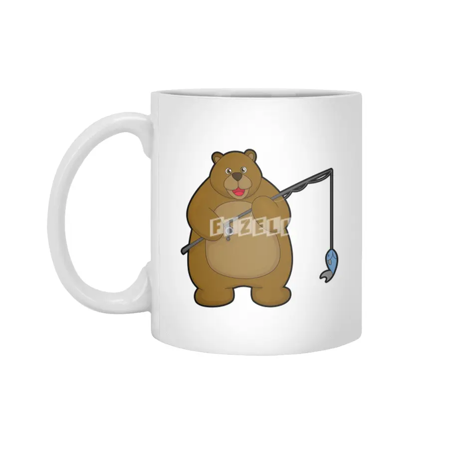 Bear at Fishing with Fishing rod & Fish Beyaz Kupa
