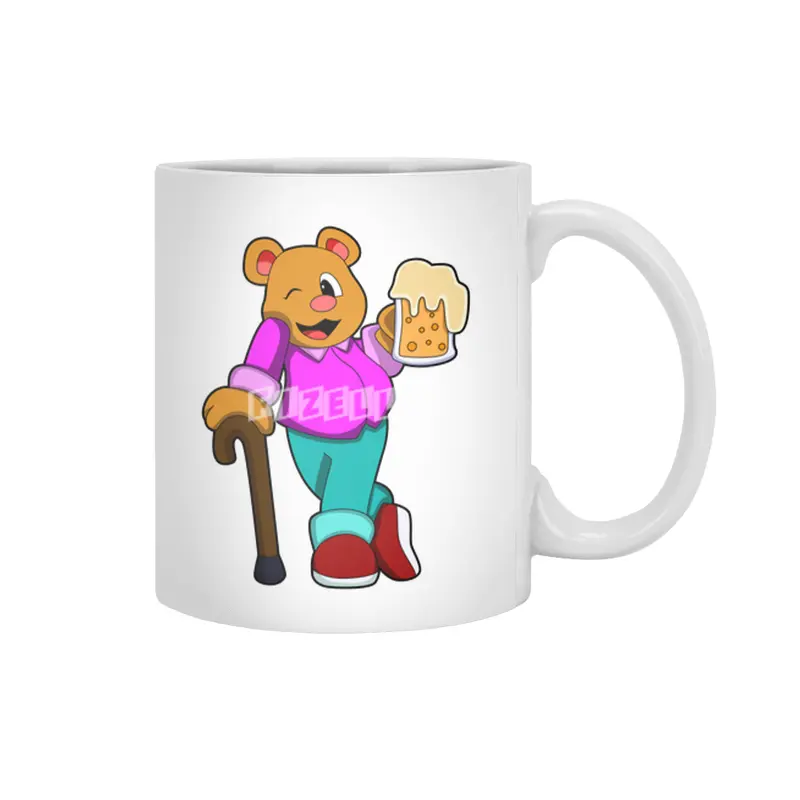 Bear with Glass of Beer & Walkingstick Beyaz Kupa