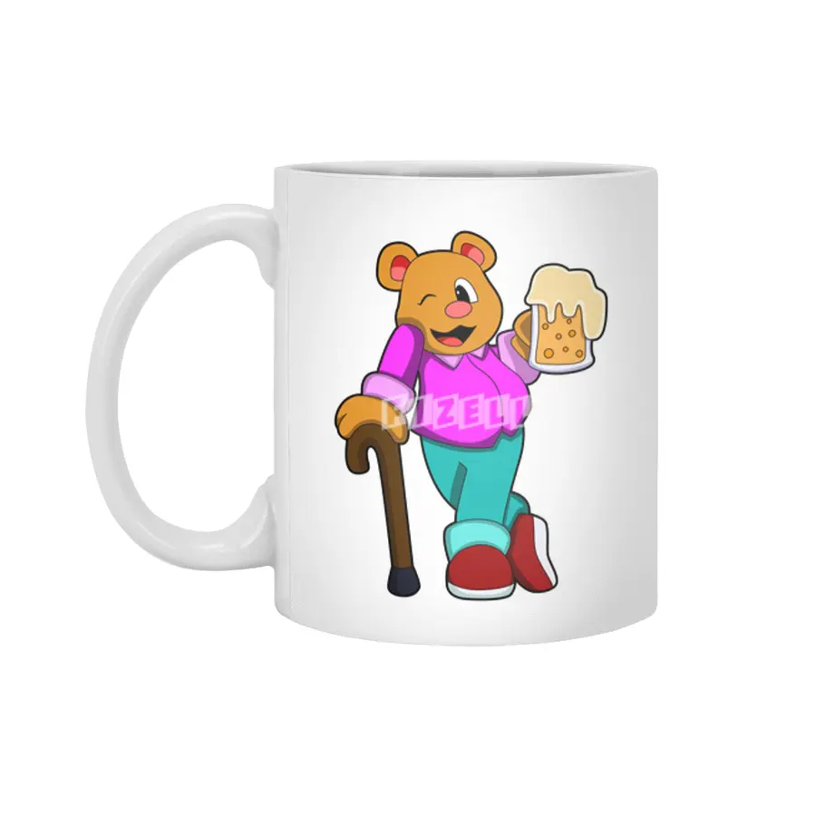 Bear with Glass of Beer & Walkingstick Beyaz Kupa