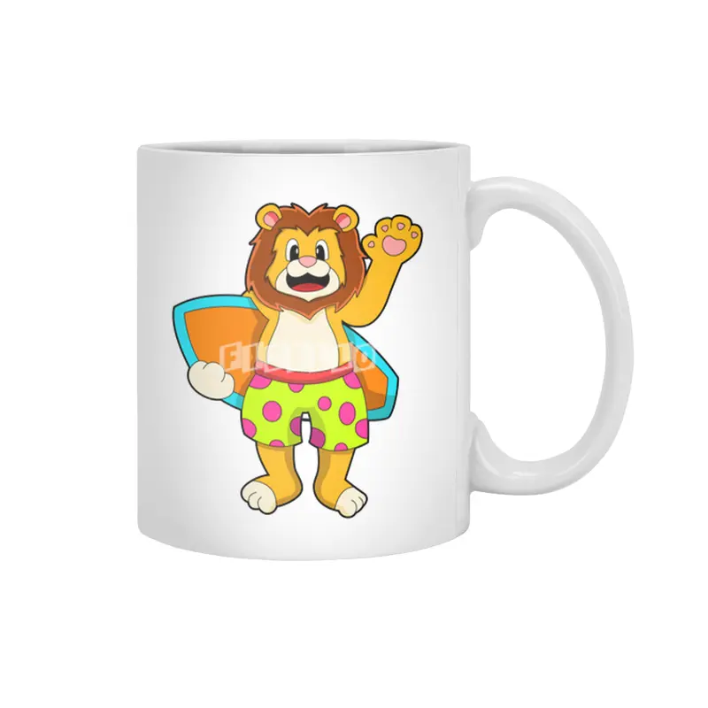 Lion as Surfer with Surfboard Beyaz Kupa
