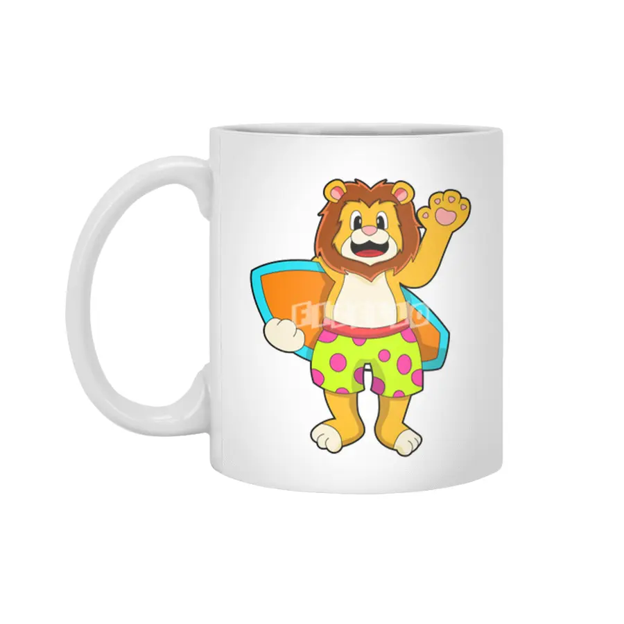 Lion as Surfer with Surfboard Beyaz Kupa