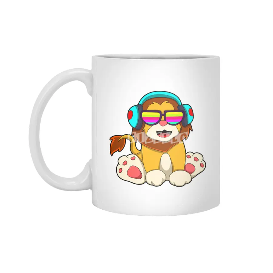 Lion at Music with Headphone & Glasses Beyaz Kupa