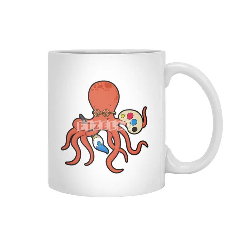 Octopus as Painter with Paint & Brush Beyaz Kupa