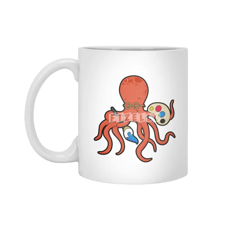 Octopus as Painter with Paint & Brush Beyaz Kupa