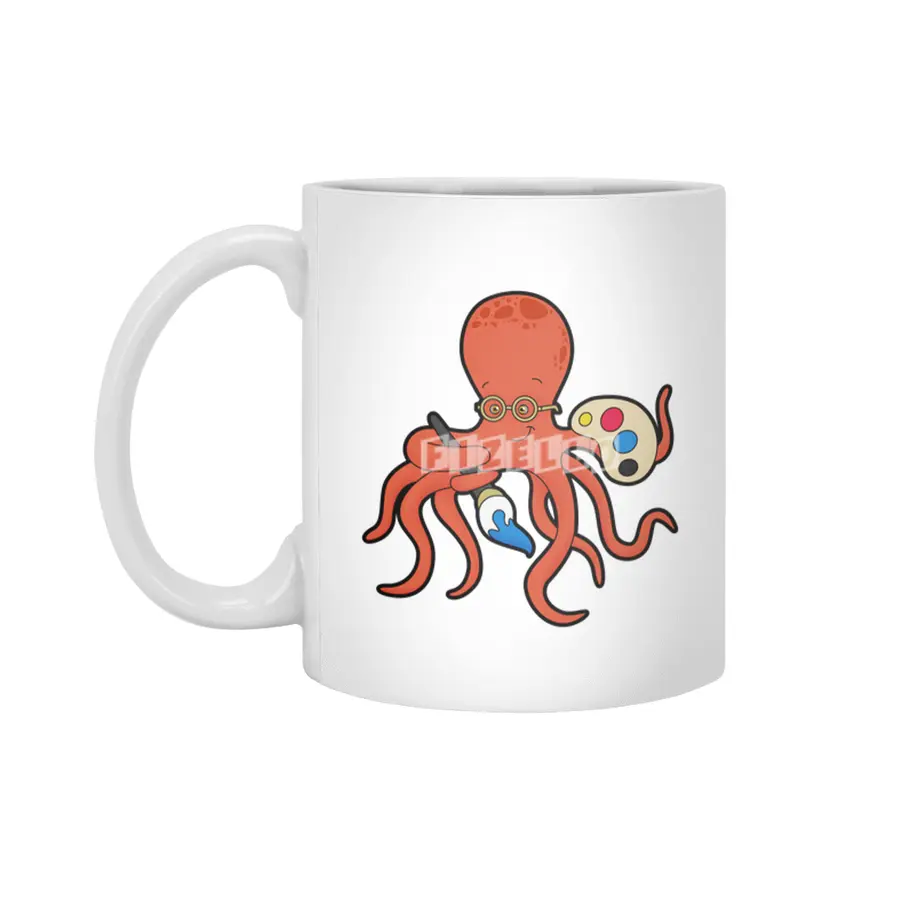 Octopus as Painter with Paint & Brush Beyaz Kupa