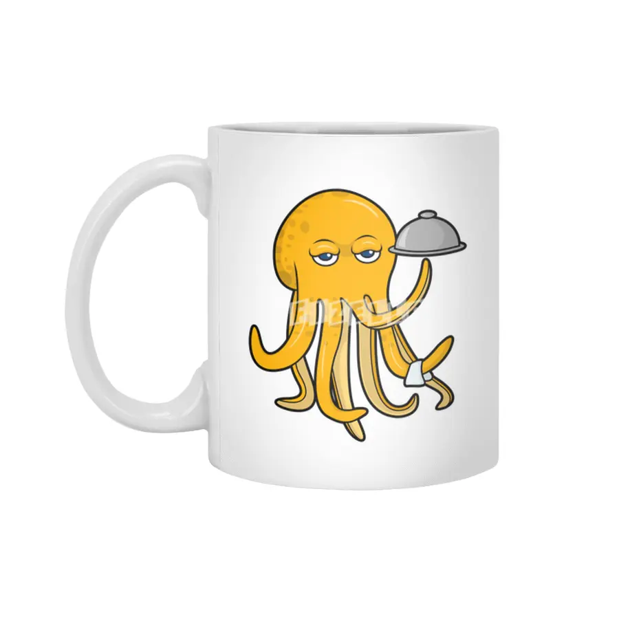 Octopus as Waiter with Platter & Serving towel Beyaz Kupa