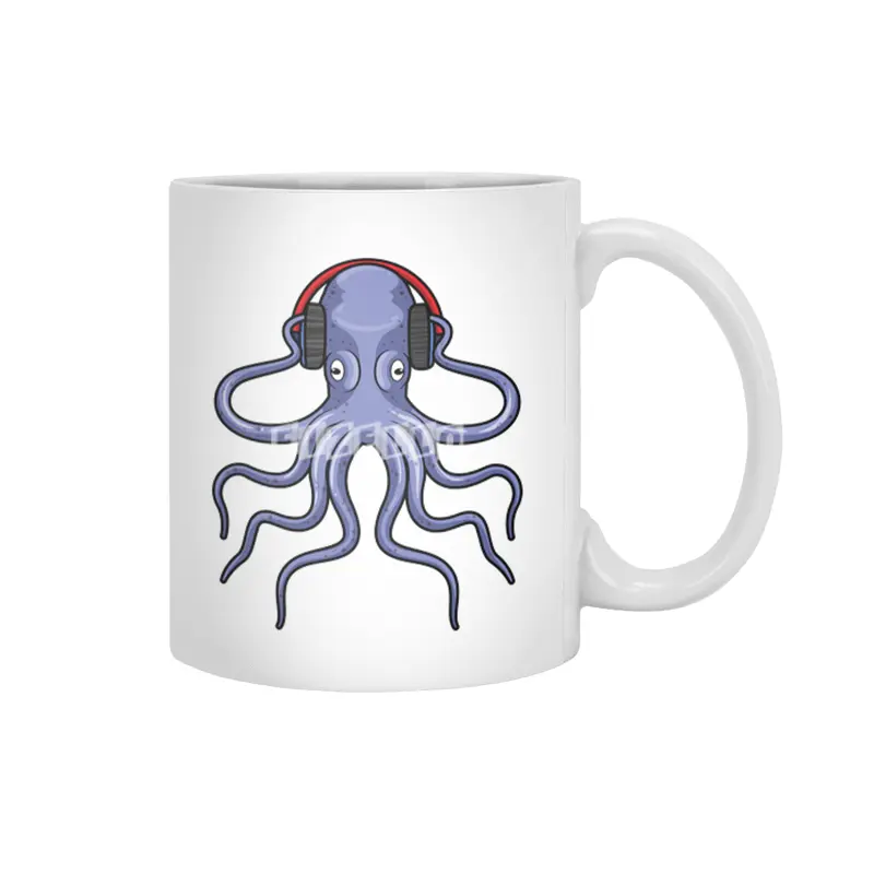Octopus at Music with Headphone Beyaz Kupa