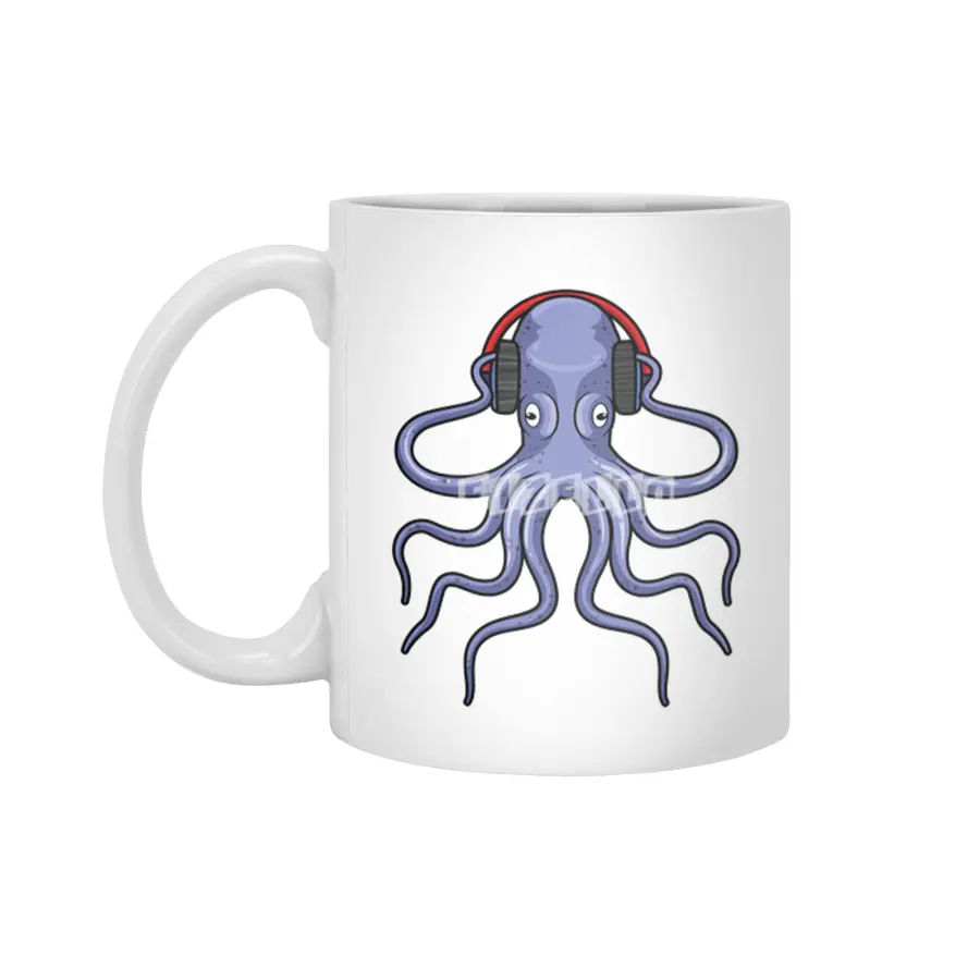 Octopus at Music with Headphone Beyaz Kupa