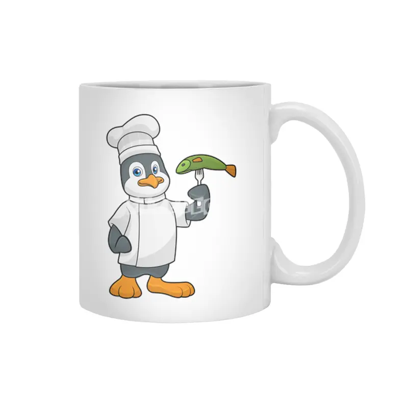 Penguin as Cook with Fish & Cooking apron Beyaz Kupa