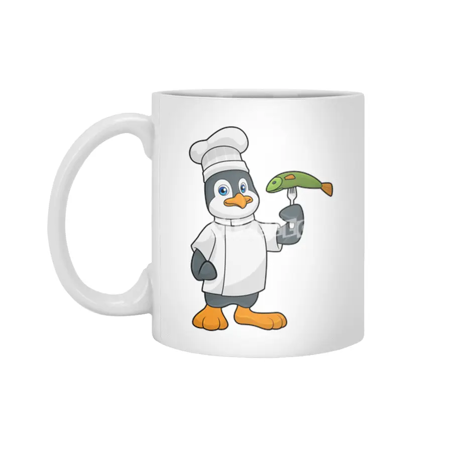Penguin as Cook with Fish & Cooking apron Beyaz Kupa