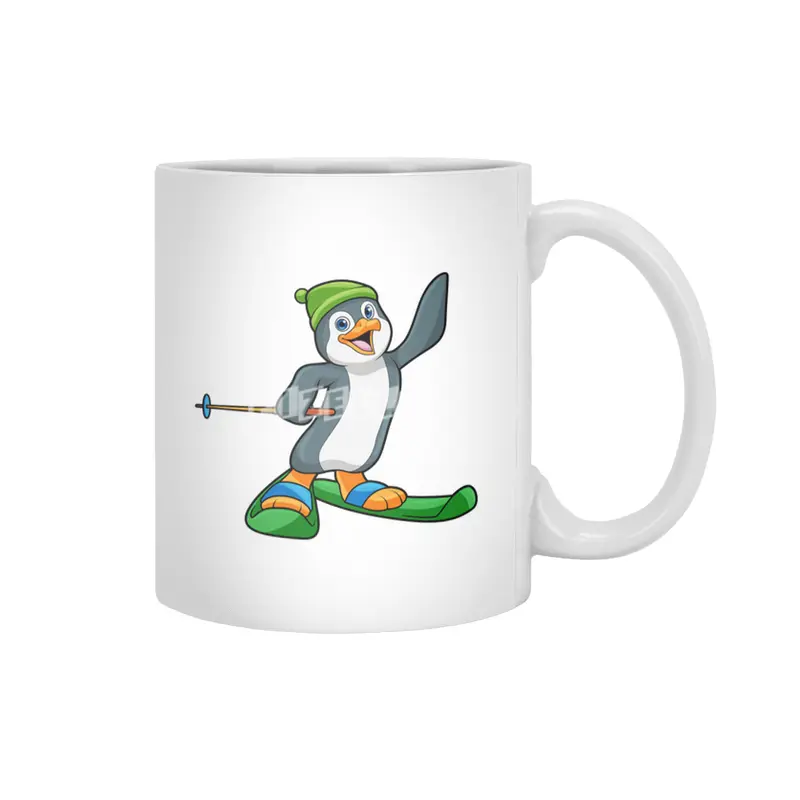 Penguin as Skier with Ski & Cap Beyaz Kupa