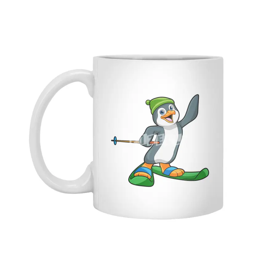 Penguin as Skier with Ski & Cap Beyaz Kupa