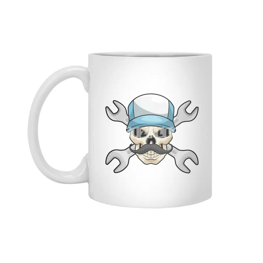 Skull with Mustache & Wrench Beyaz Kupa