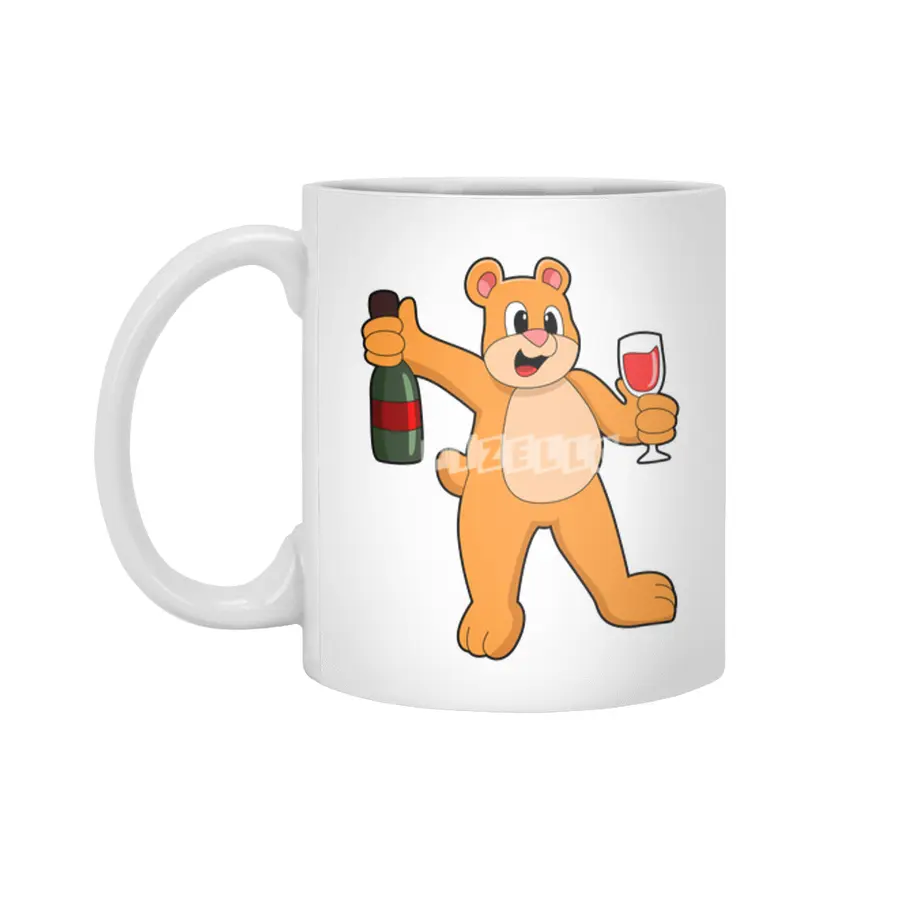 Bear with Glass of Wine & Bottle Wine Beyaz Kupa