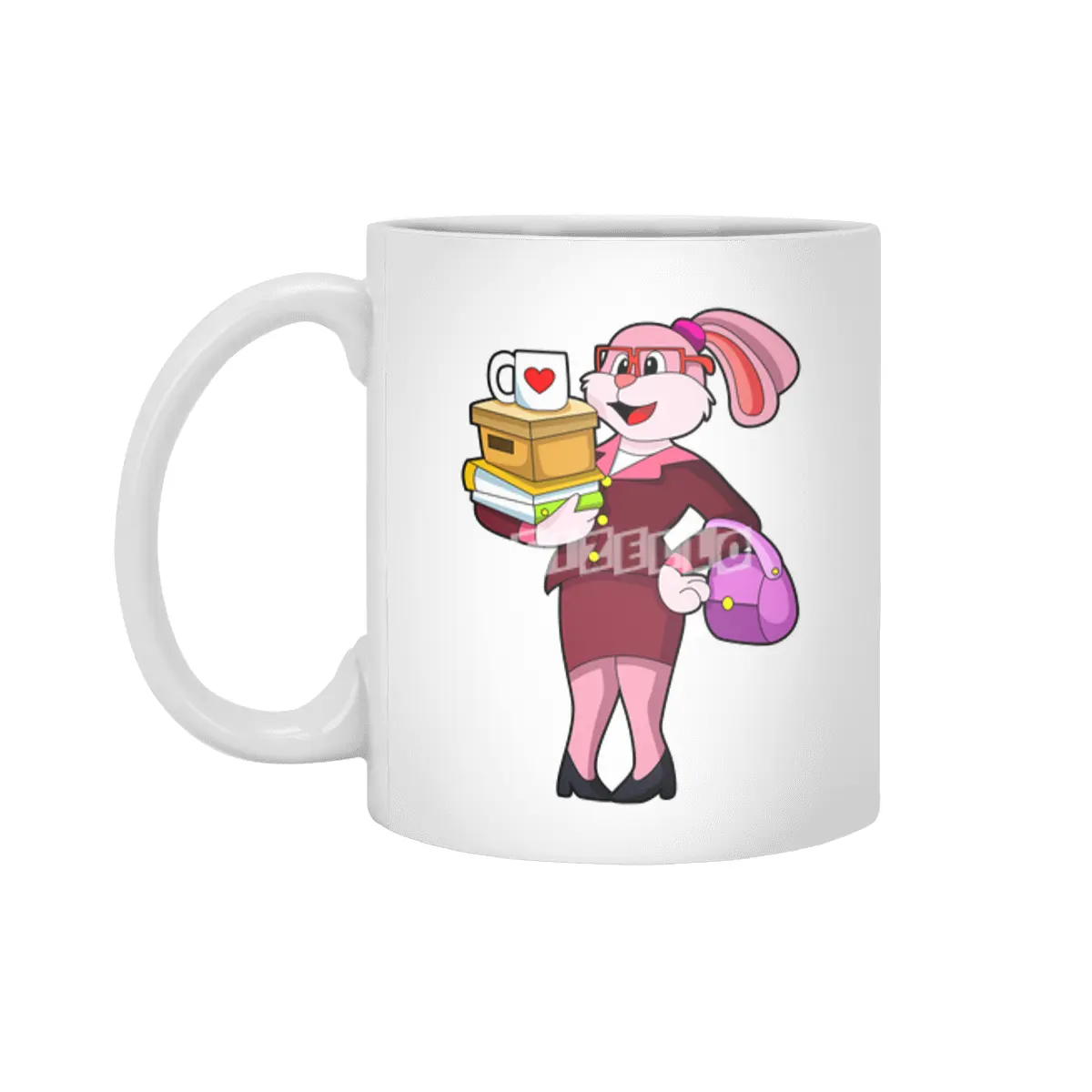 Bunny as Secretary with Cup Books & Carton Beyaz Kupa