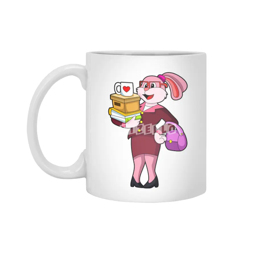 Bunny as Secretary with Cup Books & Carton Beyaz Kupa