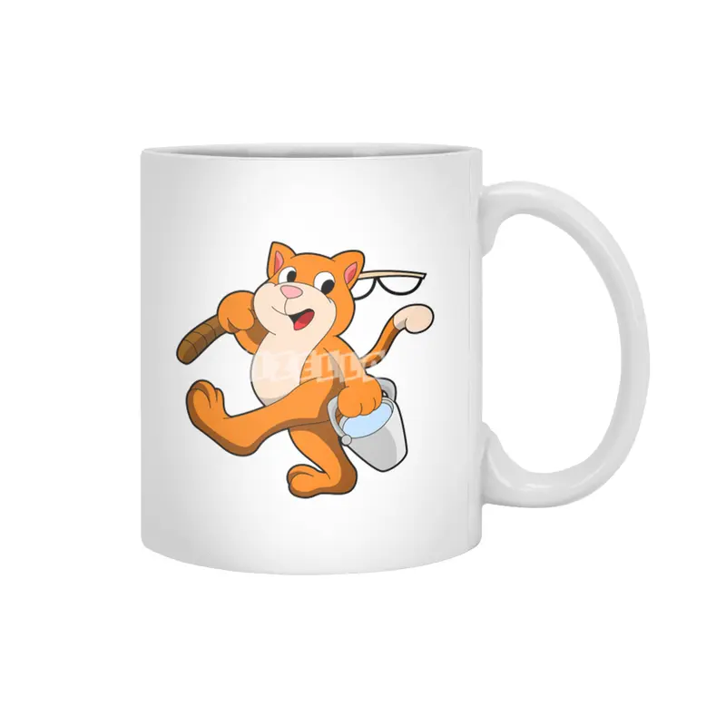 Cat as Angler with Fishing rod & Bucket of Water Beyaz Kupa