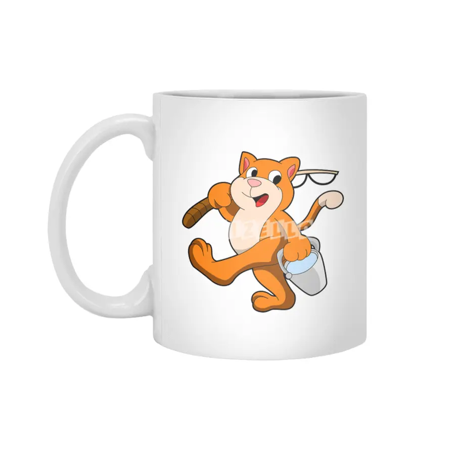 Cat as Angler with Fishing rod & Bucket of Water Beyaz Kupa