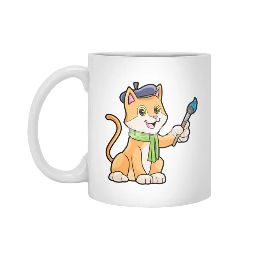 Cat as Painter with Brush & Scarf Beyaz Kupa