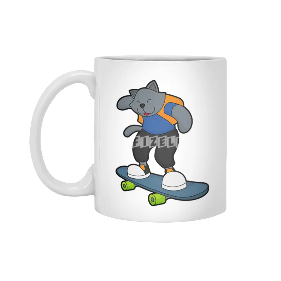 Cat as Skateboarder with Skateboard Beyaz Kupa