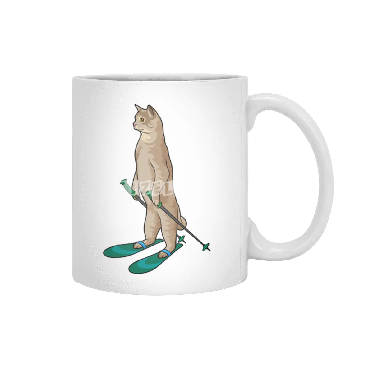 Cat as Skier with Ski and Ski poles Beyaz Kupa
